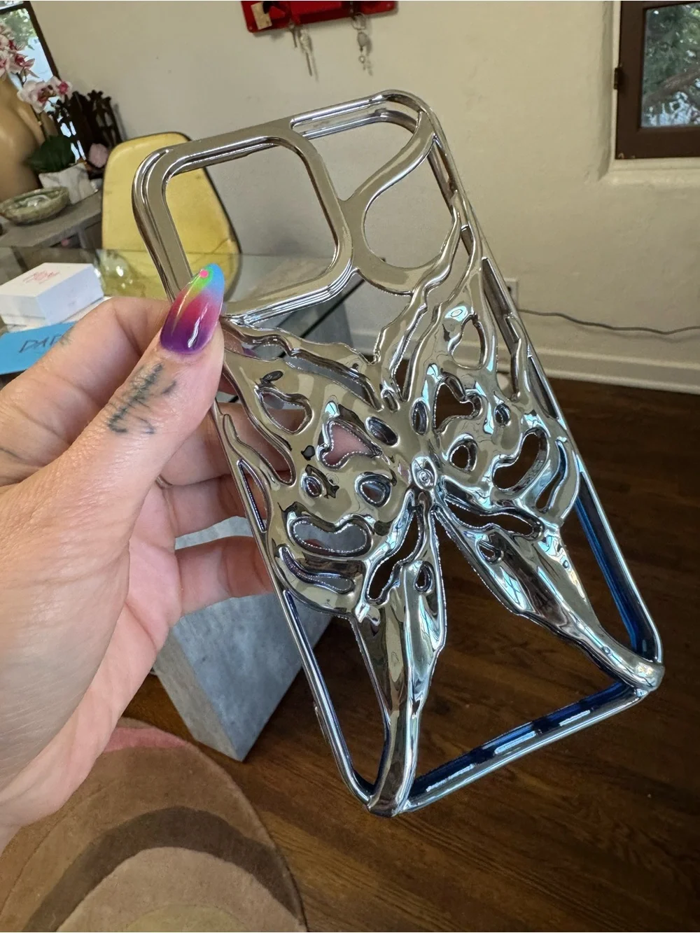 Chrome Sculptural Silver and Blue Butterfly Phone Case